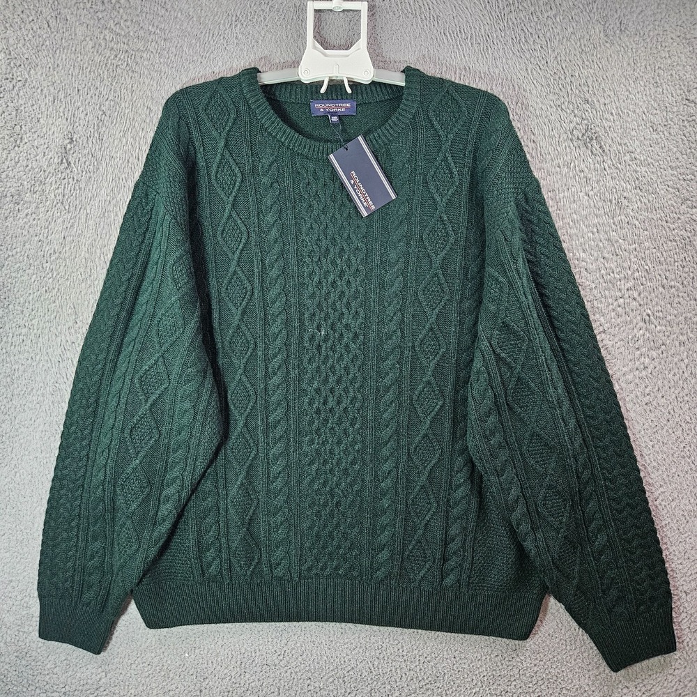 $79 New Roundtree & Yorke Cable Knit Sweater Men 3XB Wool Blend Pullover Green‎